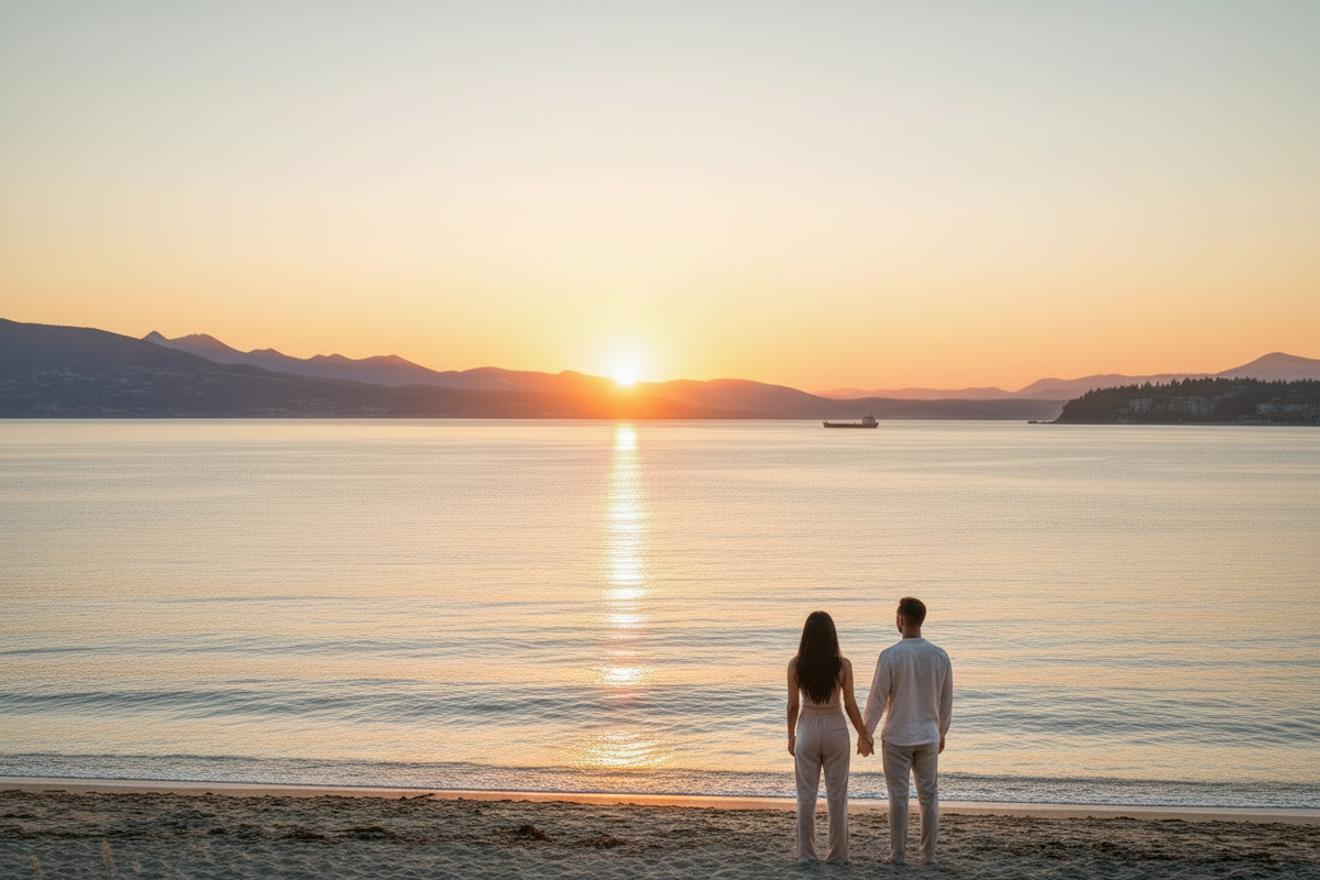 Couple on shore minimal boats
